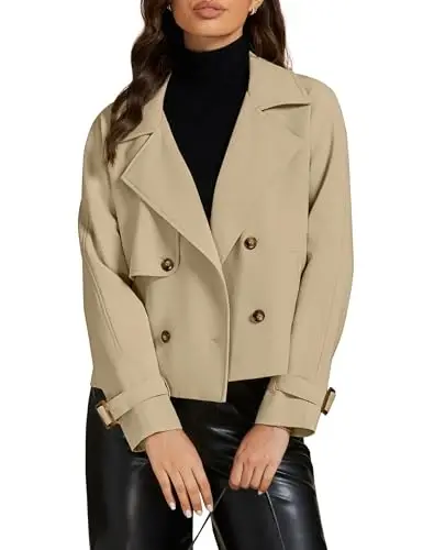 luvamia Cropped Trench Coat for Women Long Sleeve Double Breasted Notched Lapel Casual Loose Fit Jackets with Pockets - 1