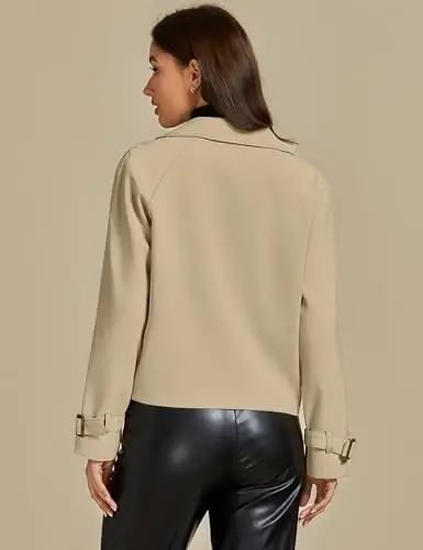 luvamia Cropped Trench Coat for Women Long Sleeve Double Breasted Notched Lapel Casual Loose Fit Jackets with Pockets - 2
