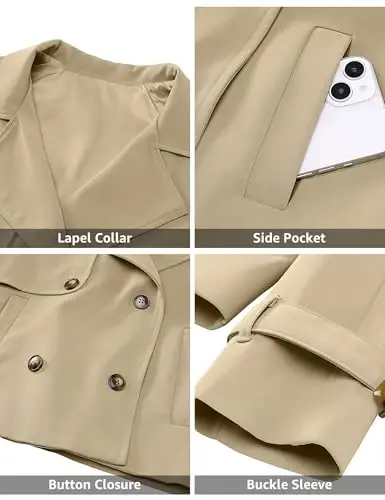 luvamia Cropped Trench Coat for Women Long Sleeve Double Breasted Notched Lapel Casual Loose Fit Jackets with Pockets - 6