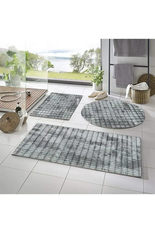 Lüx 3'lü Kare Plus Pofidik Banyo Halısı Klozet Takımı -- 50x90--50x60--50x50(YUVARLAK)-Bulutlu Gri - TRIVAGO HALI
