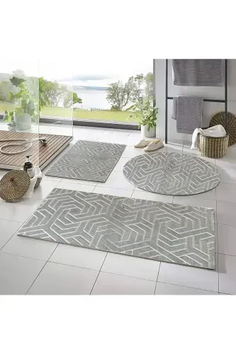 Lüx Armoni Dinarsu Embos 3'lü Banyo Halısı Klozet Takımı -- 50x90--50x60--50x50(YUVARLAK)-Gri - 1