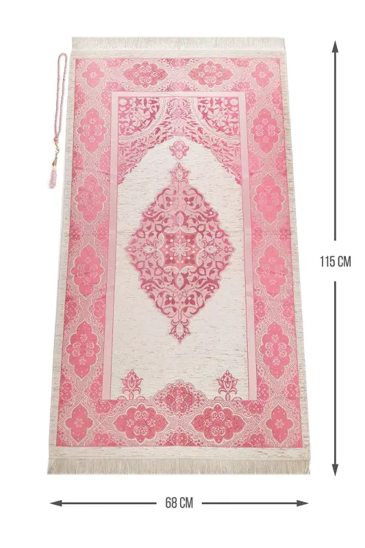 Lux Light Color Ottoman Chenille Prayer Rug with Rosary Gift Fuchsia-Light Fuchsia - 1