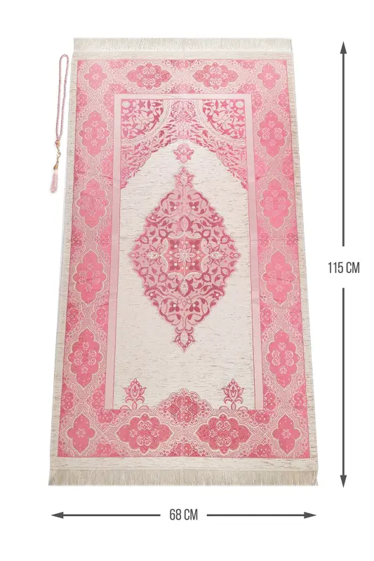 Lux Light Color Ottoman Chenille Prayer Rug with Rosary Gift Fuchsia-Light Fuchsia - 2