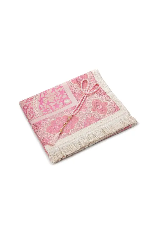 Lux Light Color Ottoman Chenille Prayer Rug with Rosary Gift Fuchsia-Light Fuchsia - 3
