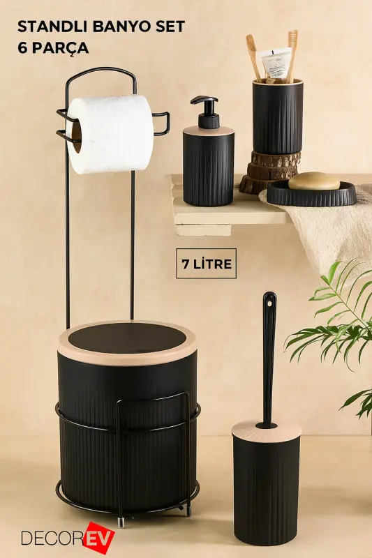 Luxury Black 6-piece Bathroom Set Toilet WC Paper Holder with Metal Stand Elegant Design - 1