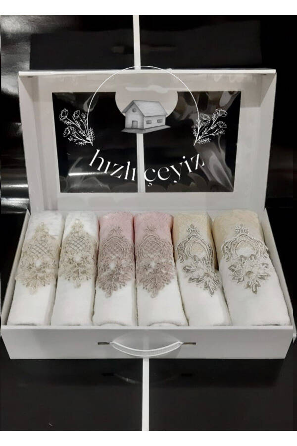 Luxury Boxed 50x90 6-Piece Hand and Face Towel Set with Lace Satin Embroidery Design - 1