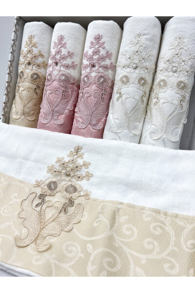 Luxury Bridal Gift Boxed Embroidered Satin Lace Hand and Face Towel Set 50x90 6 Pack - 2