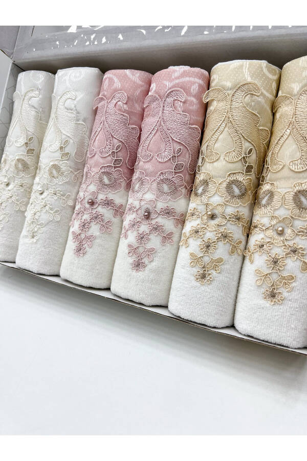 Luxury Bridal Gift Boxed Embroidered Satin Lace Hand and Face Towel Set 50x90 6 Pack - 3