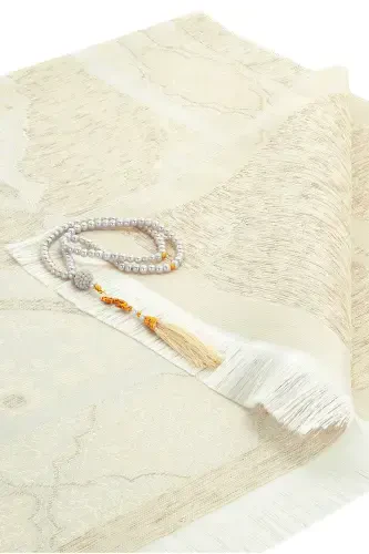 Luxury light color Ottoman chenille prayer rug, turquoise with prayer beads - 3