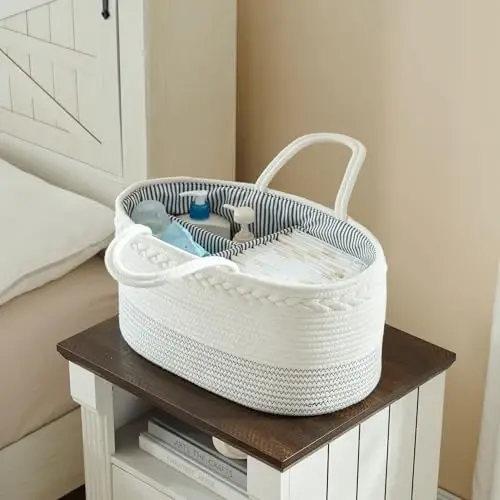 luxury little Diaper Caddy Organizer, Extra Large Cotton Rope Nursery Basket, Changing Table Organizer for Baby Diaper Storage, Portable Car Organizer with Removable Divider, Baby Shower Gifts - 6