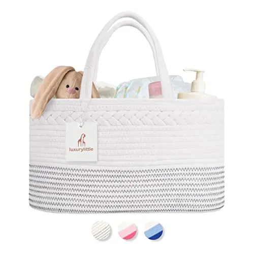 luxury little Diaper Caddy Organizer, Extra Large Cotton Rope Nursery Basket, Changing Table Organizer for Baby Diaper Storage, Portable Car Organizer with Removable Divider, Baby Shower Gifts - LUXURY