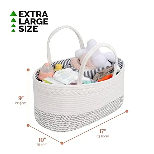 luxury little Diaper Caddy Organizer, Extra Large Cotton Rope Nursery Basket, Changing Table Organizer for Baby Diaper Storage, Portable Car Organizer with Removable Divider, Baby Shower Gifts - 3