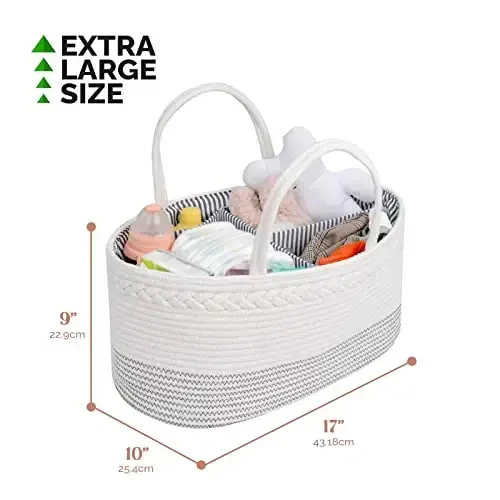 luxury little Diaper Caddy Organizer, Extra Large Cotton Rope Nursery Basket, Changing Table Organizer for Baby Diaper Storage, Portable Car Organizer with Removable Divider, Baby Shower Gifts - 3