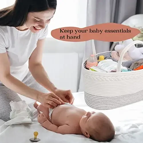 luxury little Diaper Caddy Organizer, Extra Large Cotton Rope Nursery Basket, Changing Table Organizer for Baby Diaper Storage, Portable Car Organizer with Removable Divider, Baby Shower Gifts - 7