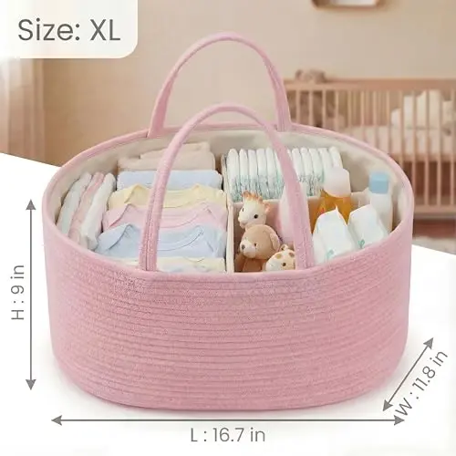 luxury little Diaper Caddy Organizer, Large Cotton Rope Nursery Baby Basket, Changing Table Organizer for Baby Diaper Storage, Portable Car Organizer Removable Divider (Light Pink, Extra Large) - 3