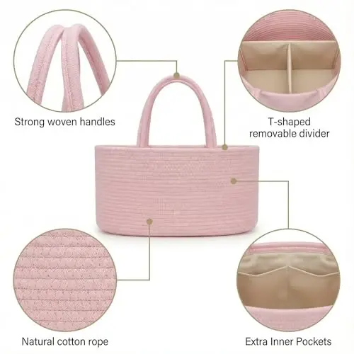 luxury little Diaper Caddy Organizer, Large Cotton Rope Nursery Baby Basket, Changing Table Organizer for Baby Diaper Storage, Portable Car Organizer Removable Divider (Light Pink, Extra Large) - 4