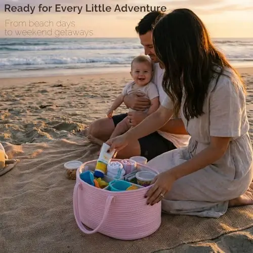 luxury little Diaper Caddy Organizer, Large Cotton Rope Nursery Baby Basket, Changing Table Organizer for Baby Diaper Storage, Portable Car Organizer Removable Divider (Light Pink, Extra Large) - 6