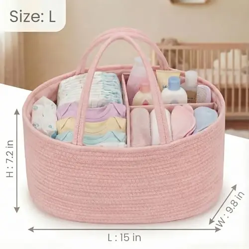 luxury little Diaper Caddy Organizer, Large Cotton Rope Nursery Baby Basket, Changing Table Organizer for Baby Diaper Storage, Portable Car Organizer Removable Divider (Light Pink, Large) - 3