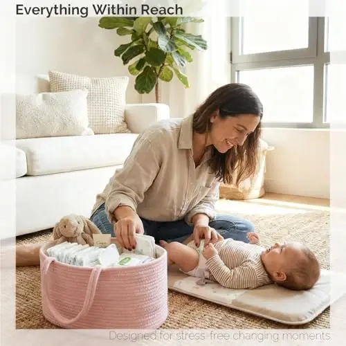 luxury little Diaper Caddy Organizer, Large Cotton Rope Nursery Baby Basket, Changing Table Organizer for Baby Diaper Storage, Portable Car Organizer Removable Divider (Light Pink, Large) - 2