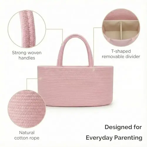 luxury little Diaper Caddy Organizer, Large Cotton Rope Nursery Baby Basket, Changing Table Organizer for Baby Diaper Storage, Portable Car Organizer Removable Divider (Light Pink, Large) - 4