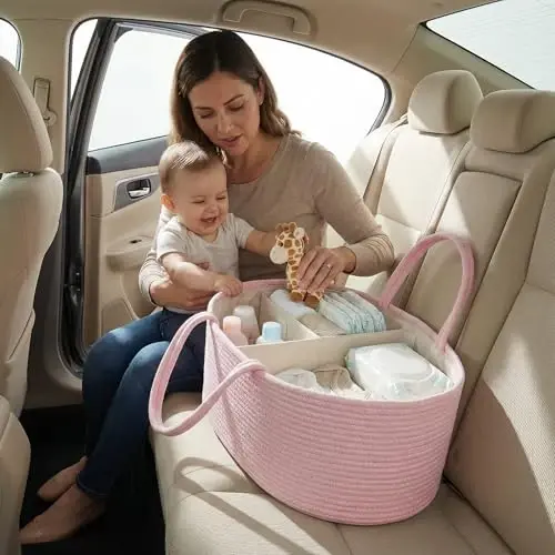 luxury little Diaper Caddy Organizer, Large Cotton Rope Nursery Baby Basket, Changing Table Organizer for Baby Diaper Storage, Portable Car Organizer Removable Divider (Light Pink, Large) - 5