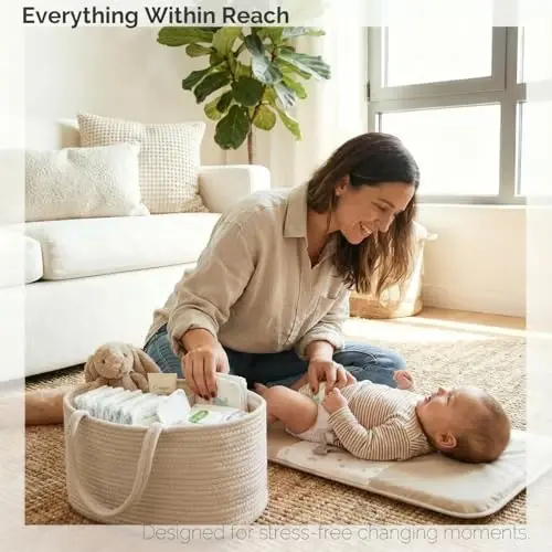 luxury little Diaper Caddy Organizer, Large Cotton Rope Nursery Baby Basket, Changing Table Organizer for Baby Diaper Storage, Portable Car Organizer Removable Divider (Oatmeal, Extra Large) - LUXURY (1)