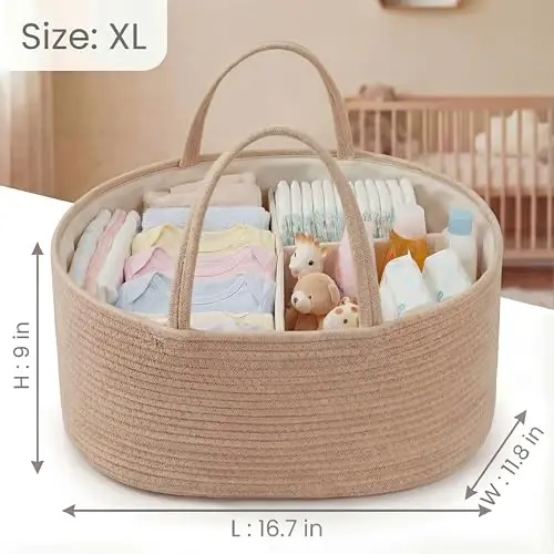 luxury little Diaper Caddy Organizer, Large Cotton Rope Nursery Baby Basket, Changing Table Organizer for Baby Diaper Storage, Portable Car Organizer Removable Divider (Oatmeal, Extra Large) - 3