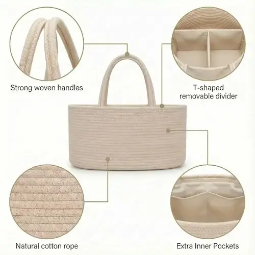 luxury little Diaper Caddy Organizer, Large Cotton Rope Nursery Baby Basket, Changing Table Organizer for Baby Diaper Storage, Portable Car Organizer Removable Divider (Oatmeal, Extra Large) - 4