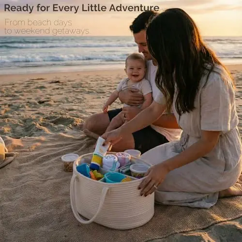 luxury little Diaper Caddy Organizer, Large Cotton Rope Nursery Baby Basket, Changing Table Organizer for Baby Diaper Storage, Portable Car Organizer Removable Divider (Oatmeal, Extra Large) - 6