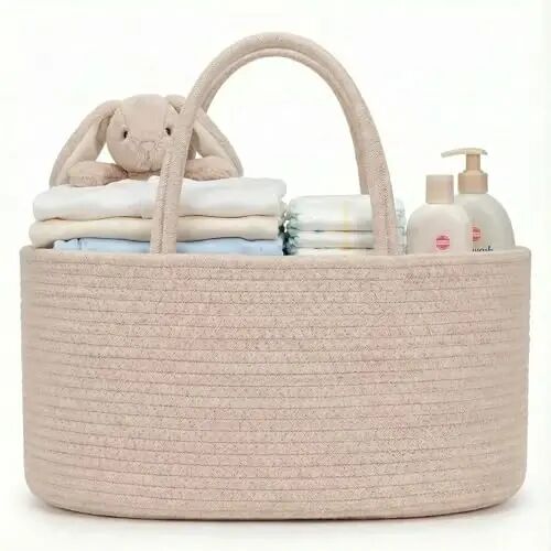 luxury little Diaper Caddy Organizer, Large Cotton Rope Nursery Baby Basket, Changing Table Organizer for Baby Diaper Storage, Portable Car Organizer Removable Divider (Oatmeal, Large) - Luxury