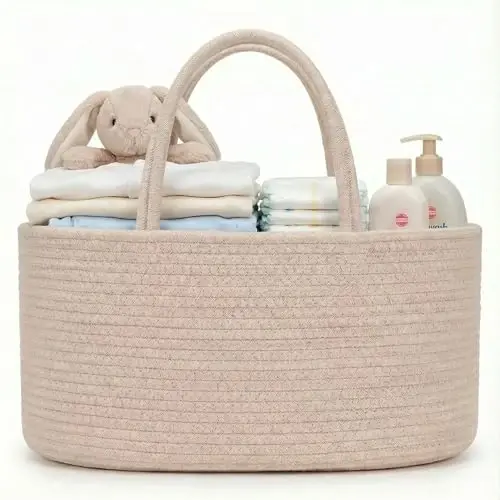 luxury little Diaper Caddy Organizer, Large Cotton Rope Nursery Baby Basket, Changing Table Organizer for Baby Diaper Storage, Portable Car Organizer Removable Divider (Oatmeal, Large) - 1