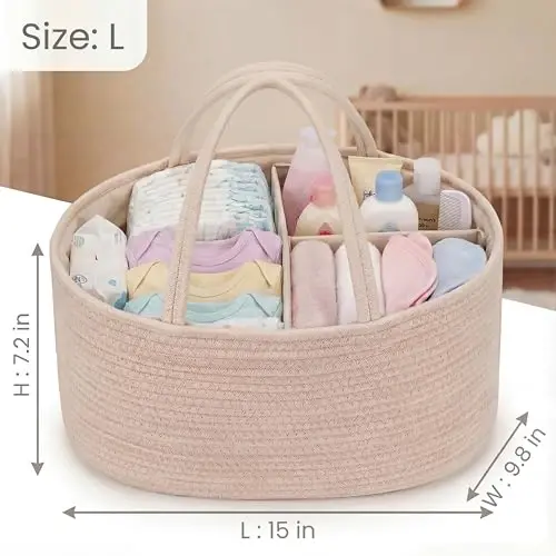 luxury little Diaper Caddy Organizer, Large Cotton Rope Nursery Baby Basket, Changing Table Organizer for Baby Diaper Storage, Portable Car Organizer Removable Divider (Oatmeal, Large) - 3