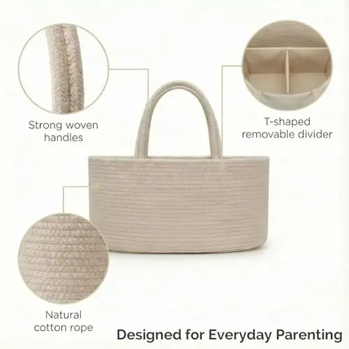 luxury little Diaper Caddy Organizer, Large Cotton Rope Nursery Baby Basket, Changing Table Organizer for Baby Diaper Storage, Portable Car Organizer Removable Divider (Oatmeal, Large) - 4