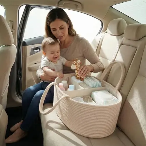 luxury little Diaper Caddy Organizer, Large Cotton Rope Nursery Baby Basket, Changing Table Organizer for Baby Diaper Storage, Portable Car Organizer Removable Divider (Oatmeal, Large) - 5