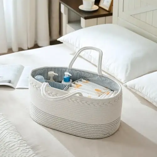luxury little Diaper Caddy Organizer, Large Cotton Rope Nursery Baby Basket, Changing Table Organizer for Baby Diaper Storage, Portable Car Organizer Removable Divider (Off White, Large) - Luxury (1)
