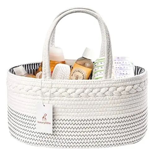 luxury little Diaper Caddy Organizer, Large Cotton Rope Nursery Baby Basket, Changing Table Organizer for Baby Diaper Storage, Portable Car Organizer Removable Divider (Off White, Large) - Luxury
