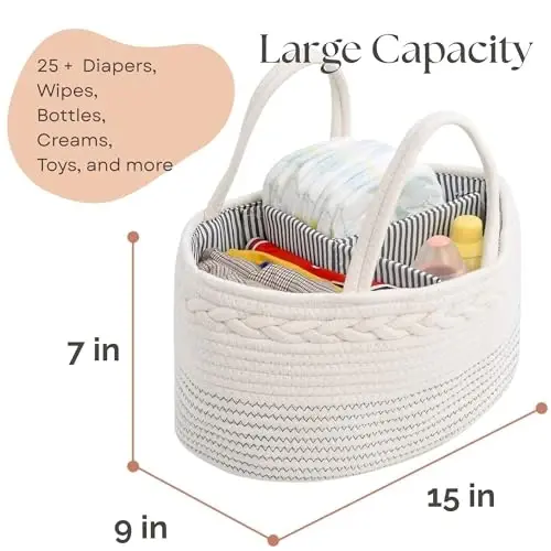 luxury little Diaper Caddy Organizer, Large Cotton Rope Nursery Baby Basket, Changing Table Organizer for Baby Diaper Storage, Portable Car Organizer Removable Divider (Off White, Large) - 3