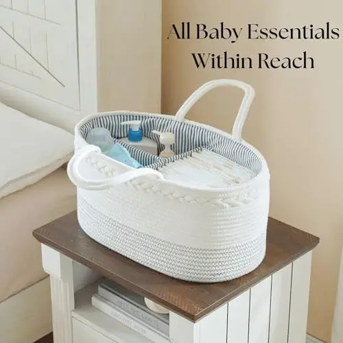 luxury little Diaper Caddy Organizer, Large Cotton Rope Nursery Baby Basket, Changing Table Organizer for Baby Diaper Storage, Portable Car Organizer Removable Divider (Off White, Large) - 4