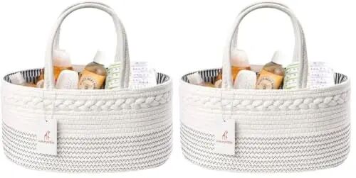 luxury little Diaper Caddy Organizer, Large Cotton Rope Nursery Baby Basket, Changing Table Organizer for Baby Diaper Storage, Portable Car Organizer Removable Divider (Off White, Large) (Pack of 2) - Luxury