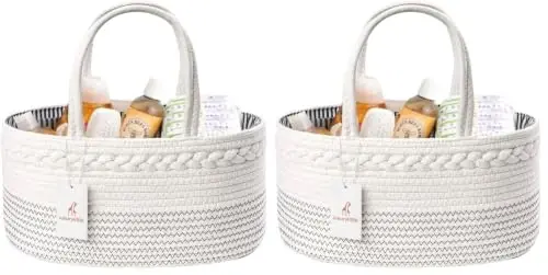 luxury little Diaper Caddy Organizer, Large Cotton Rope Nursery Baby Basket, Changing Table Organizer for Baby Diaper Storage, Portable Car Organizer Removable Divider (Off White, Large) (Pack of 2) - 1