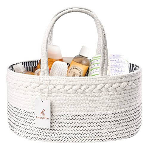 Luxury Little Diaper Caddy Organizer, Large Cotton Rope Nursery Baby Basket, Changing Table Organizer for Baby Diaper Storage, Portable Car Organizer with Removable Divider, Baby Shower Gifts - White - 1