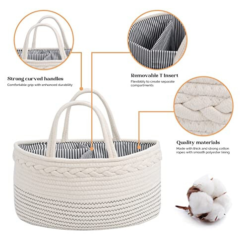 Luxury Little Diaper Caddy Organizer, Large Cotton Rope Nursery Baby Basket, Changing Table Organizer for Baby Diaper Storage, Portable Car Organizer with Removable Divider, Baby Shower Gifts - White - 4