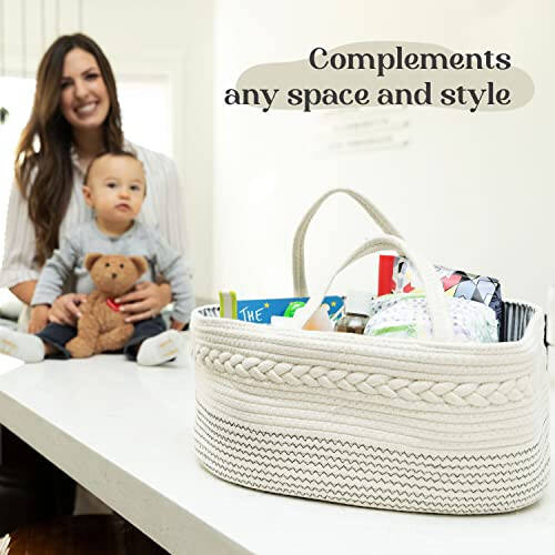 Luxury Little Diaper Caddy Organizer, Large Cotton Rope Nursery Baby Basket, Changing Table Organizer for Baby Diaper Storage, Portable Car Organizer with Removable Divider, Baby Shower Gifts - White - 5