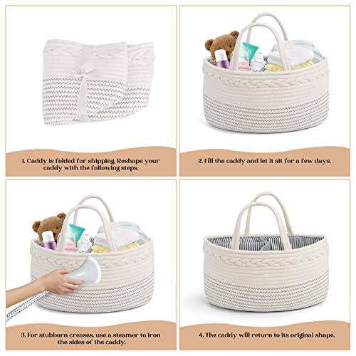 Luxury Little Diaper Caddy Organizer, Large Cotton Rope Nursery Baby Basket, Changing Table Organizer for Baby Diaper Storage, Portable Car Organizer with Removable Divider, Baby Shower Gifts - White - 6