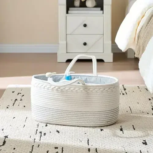 Luxury Little Diaper Caddy Organizer, Large Cotton Rope Nursery Baby Basket, Changing Table Organizer for Baby Diaper Storage, Portable Car Organizer with Removable Divider, Baby Shower Gifts - White - 3