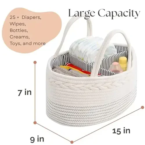 Luxury Little Diaper Caddy Organizer, Large Cotton Rope Nursery Baby Basket, Changing Table Organizer for Baby Diaper Storage, Portable Car Organizer with Removable Divider, Baby Shower Gifts - White - 4