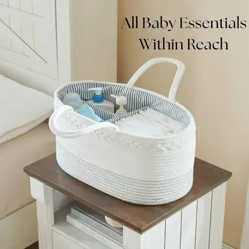 Luxury Little Diaper Caddy Organizer, Large Cotton Rope Nursery Baby Basket, Changing Table Organizer for Baby Diaper Storage, Portable Car Organizer with Removable Divider, Baby Shower Gifts - White - 5