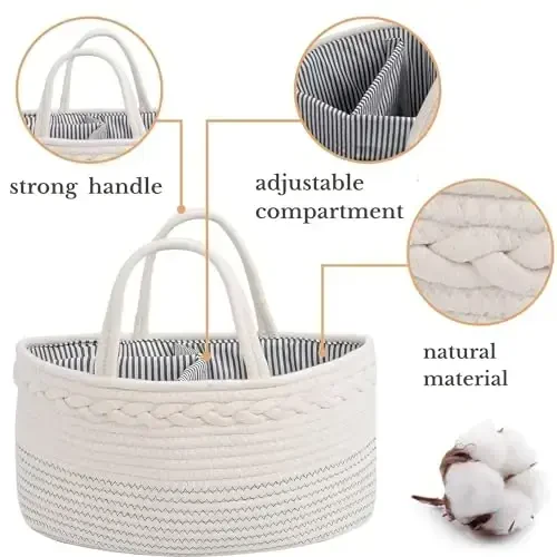 Luxury Little Diaper Caddy Organizer, Large Cotton Rope Nursery Baby Basket, Changing Table Organizer for Baby Diaper Storage, Portable Car Organizer with Removable Divider, Baby Shower Gifts - White - 6