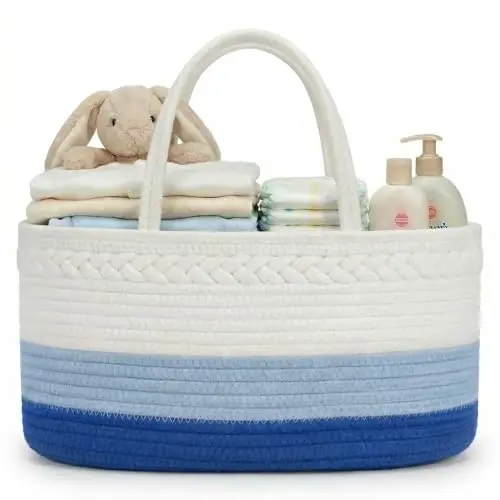 luxury little Diaper Caddy Organizer, Large Cotton Rope Nursery Basket, Changing Table Organizer for Baby Diaper Storage, Portable Car Organizer with Removable Divider, Baby Shower Gifts - Blue 
