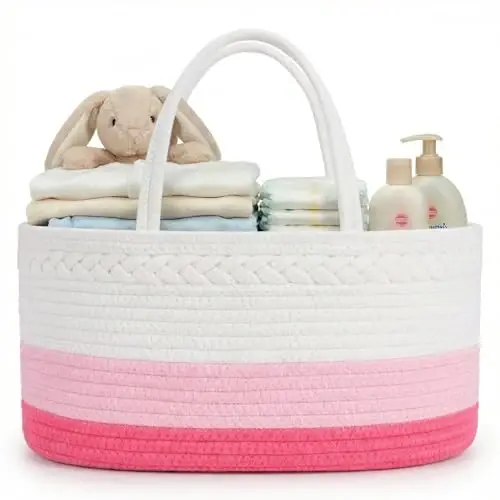 luxury little Diaper Caddy Organizer, Large Cotton Rope Nursery Basket, Changing Table Organizer for Baby Diaper Storage, Portable Car Organizer with Removable Divider, Baby Shower Gifts - Pink 